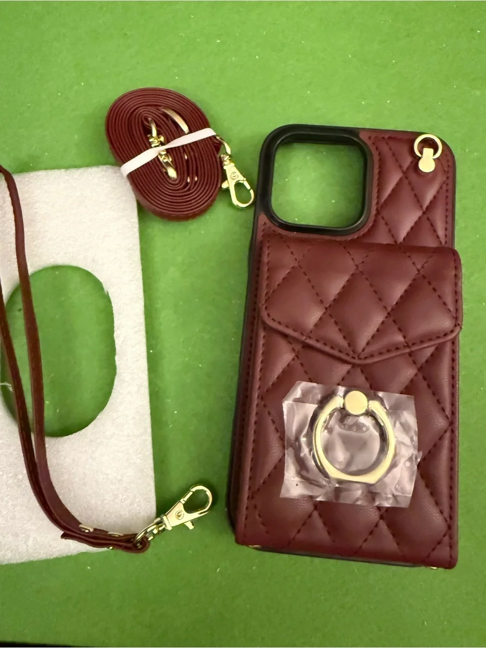 Source Unknown Quilted Burgundy Phone Case with Gold Ring & Strap